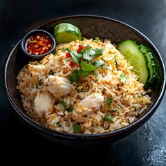 Crab Fried Rice (Khao Pad Pu) with Large Crab Meat Chunks and Dark Background