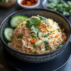 Delicious Thai Crab Fried Rice (Khao Pad Pu) Served with Fresh Cucumber