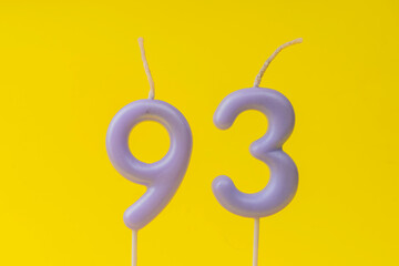 Number 93 Candle - Yellow Birthday
