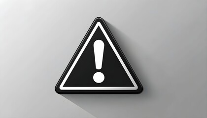 A modern 3D black triangular warning sign with a white exclamation mark, casting a shadow on a gray background.