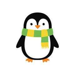 Adorable Penguin Wearing Winter Scarf. A charming cartoon bird sports a cozy green and yellow neck warmer. This cheerful illustration symbolizes joy and comfort, perfect for chilly seasons.
