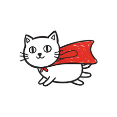 Flying Superhero Cat Illustration. Adorable white feline taking flight with a flowing scarlet cloak. This whimsical sketch portrays bravery, playful spirit, and imagination.