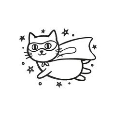 Playful Super Cat Soaring Art. A charming cartoon depicts a valiant kitty hero in flight, wearing a mask and cloak. Surrounded by celestial elements, it evokes courage and imagination.