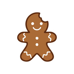 Cheerful Gingerbread Man with Bite. A delightful holiday sweet treat illustration, this yummy cookie shows a festive spirit despite a missing piece from its head. Perfect for winter cheer.