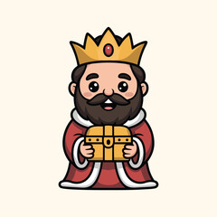 Cute cartoon king character with crown holding treasure chest illustration