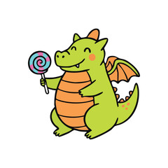 Cheerful Little Dragon Enjoying Treat. A delightful green creature, a baby monster with vibrant orange wings, proudly displays its colorful sugary snack. This whimsical illustration embodies pure.