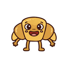 Joyful Croissant Pastry Friend. An adorable baked goods icon beaming with delight. This charming character represents morning cheer and delicious indulgences for a pleasant day.
