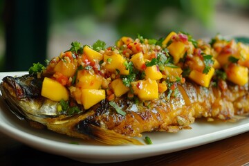 Crispy Fried Whole Fish with Spicy Green Mango Salad (Yum Mamuang)