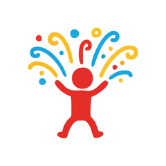 Joyful Figure Colorful Burst. An emblem of elation, depicting a human silhouette with arms raised amidst a vibrant confetti explosion. It symbolizes triumph, merriment, and positive energy.