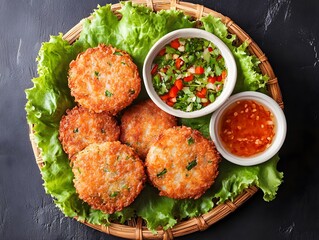 Top View Crispy Thai Shrimp Cakes Served with Two Types of Dipping Sauce