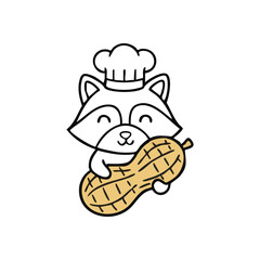 Cute Raccoon Chef with Large Peanut. This charming animated creature, adorned in a baker's toque, holds a giant legume. Evokes feelings of innocent delight and a passion for wholesome treats.