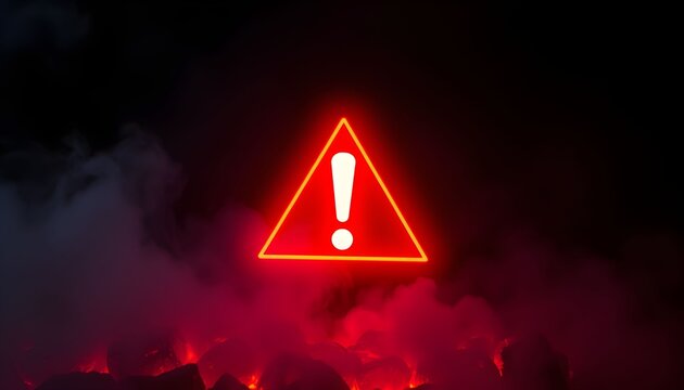 A glowing red neon warning sign with an exclamation mark surrounded by smoke on a dark background. - Powered by Adobe