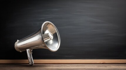 A metallic megaphone points toward a plain dark chalkboard on a wooden floor, symbolizing communication, education,