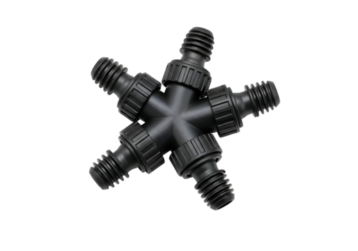 Abstract starburst shape formed by black threaded connectors on a dark surface creating an industrial geometric pattern isolated on transparent background