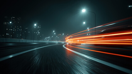 Nighttime city street with red light trails and illuminated buildings