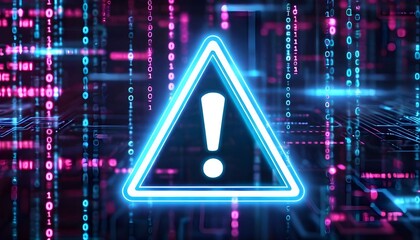 Digital illustration of a glowing warning sign with an exclamation point, surrounded by binary code.