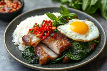 Thai Crispy Pork Belly (Moo Krob) with rice, chili, and fried egg