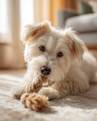 happy dog playing with a chew toy on a living room carpet, Soft indoor lighting with natural daylight from a nearby window