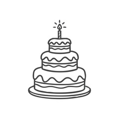 Festive Layer Cake with Candle. This charming outline depicts a multi-tiered dessert, crowned with a flickering flame. It symbolizes happiness and momentous occasions.