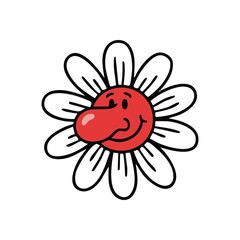 Smiling Flower Cartoon Character. This playful graphic depicts a joyful white petaled bloom with a bright red face and comical nose, radiating pure delight and innocent charm.