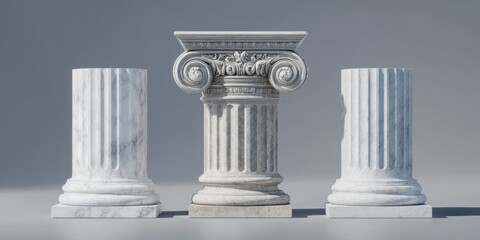 Obraz premium Three classical columns, one complete, two damaged, rendered in white marble against a neutral gray backdrop