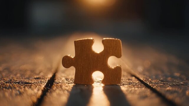 One wooden jigsaw puzzle piece stands upright on a sunlit wooden floor with a warm blurred background.