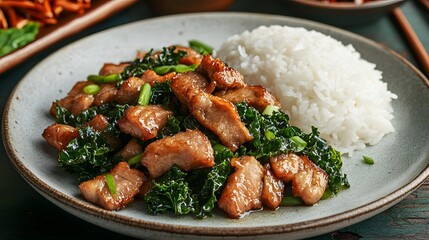 Stir-fried pork or chicken with kale and rice on a light plate