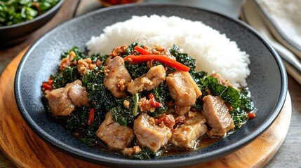 Authentic Thai Pad Krapao (Stir-fried Basil) with pork and rice