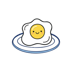Joyful Breakfast Egg Drawing. A charming cartoon fried yolk with a cheerful expression sits on a clean plate. This whimsical design embodies happiness and simple delight.
