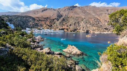 View of the Cretan town of Loutro from a distance.