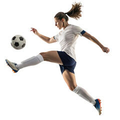Pro female soccer player doing a midair ball control png soccer woman png athlete woman png midair kick png sportswoman png transparent background image