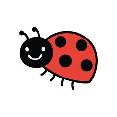 Happy Cartoon Ladybug Design. This cheerful insect art depicts a charming beetle with crimson wings and dark spots. It represents joy, good fortune, and nature's charm.