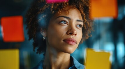 young thoughtful african american girl student employee leader at modern office university campus looking at adhesive sticky notes on glass planning project strategy shot through glass reflection no 