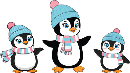 Cartoon penguin family vector, winter clothing, striped scarf and pom-pom hat, cheerful pose, children’s illustration, holiday theme, cute animal design