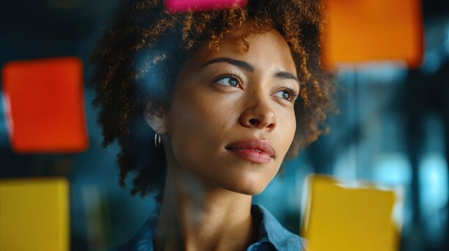 young thoughtful african american girl student employee leader at modern office university campus looking at adhesive sticky notes on glass planning project strategy shot through glass reflection no 