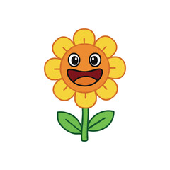 Happy Cartoon Flower Character. A delightful digital rendering depicts a cheerful blossom radiating warmth and sunshine. Its expressive face embodies joy and positive feelings.