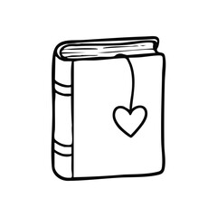 Favorite Book with Heart Bookmark. A charming line art drawing of a cherished volume, featuring a lovely heart-shaped page marker. Evokes passion for literature, learning, and stories.