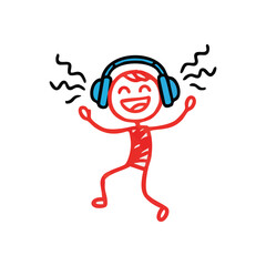 Joyful Character Grooving to Tunes. A lively crimson icon, adorned with earphones, expresses immense delight. This simple design radiates pure bliss, movement, and musical enjoyment.