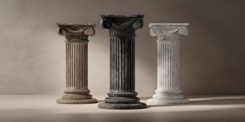 Three miniature fluted columns in beige, gray, and white, arranged on a light beige surface against a neutral backdrop, illuminated by soft light