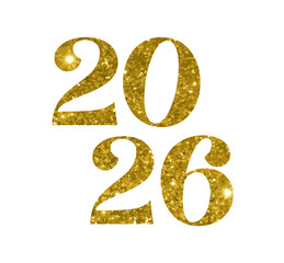 A colorful sparkly glitter design displaying the numbers 2026, with golden shades. New Year concept