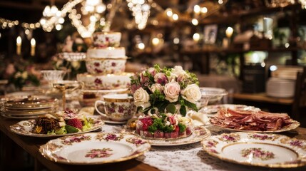 Naklejka premium An elegantly set dining table with floral fine china, red and gold accents, soft roses, greenery, cured ham,