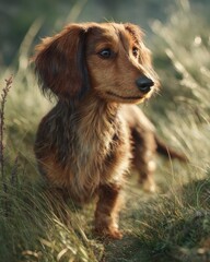Obraz premium miniature dachshund standing on a grassy field, Outdoor setting with soft morning sunlight