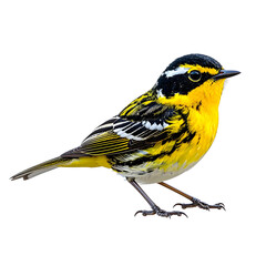 Yellow-throated Warbler perched elegantly showcasing vibrant yellow and black plumage, detailed feathers, sharp beak, and striking eye features, isolated on transparent background, png (2)