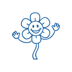 Cheerful Blue Floral Doodle Character. A delightful line art illustration of a smiling blossom with expressive hands. This joyful graphic symbolizes happiness, warmth, and welcome.