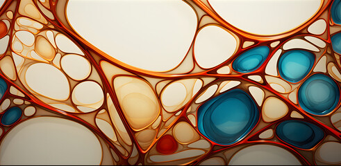 Colorful abstract patterns with organic shapes in shades of orange and blue set against a light background