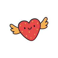 Cute Winged Strawberry Heart. This adorable berry-shaped emblem portrays blissful affection. Its cheerful expression and flying appendages symbolize lighthearted romance and joyful emotions.