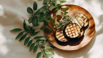 Sunlit wooden plate holds grilled eggplant slices, adorned with fresh green sprigs on a textured off-white surface
