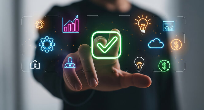 Business professional selecting green checkmark from digital interface with various symbols. Corporate technology concept features interactive touchscreen with approval, verification, and success