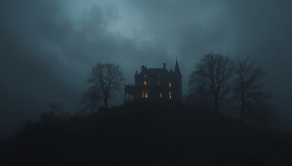Spooky Haunted House silhouette at Night in a Creepy fog