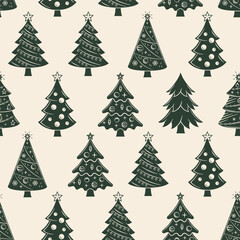 Xmas Tree Background. Christmas seamless pattern. Vintage Xmas Tree silhouettes isolated on white background. Vector illustration